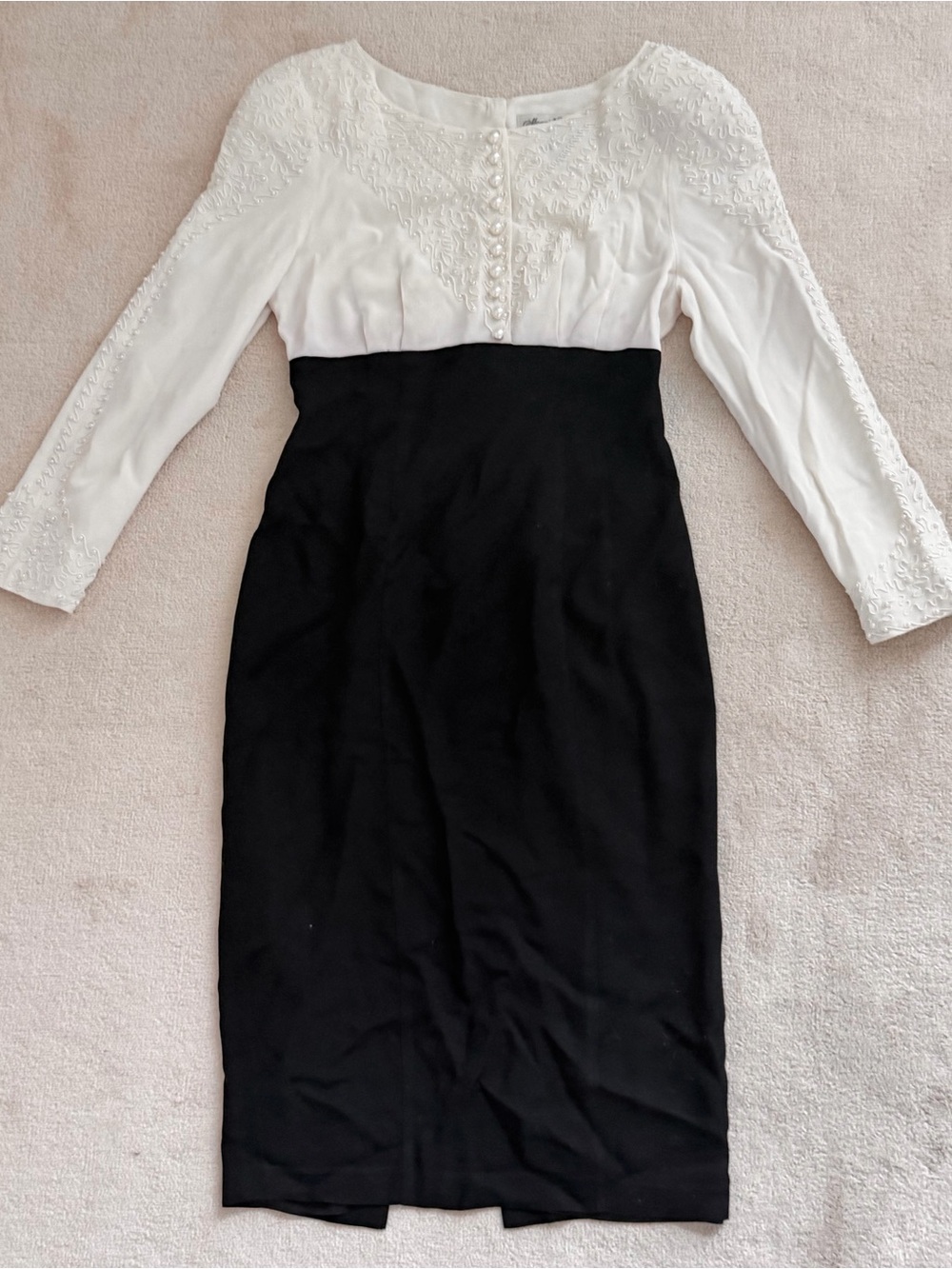 Vintage Marie St.Claire Two Tone Black and Cream Beaded Pearl Embroidery Dress 6
